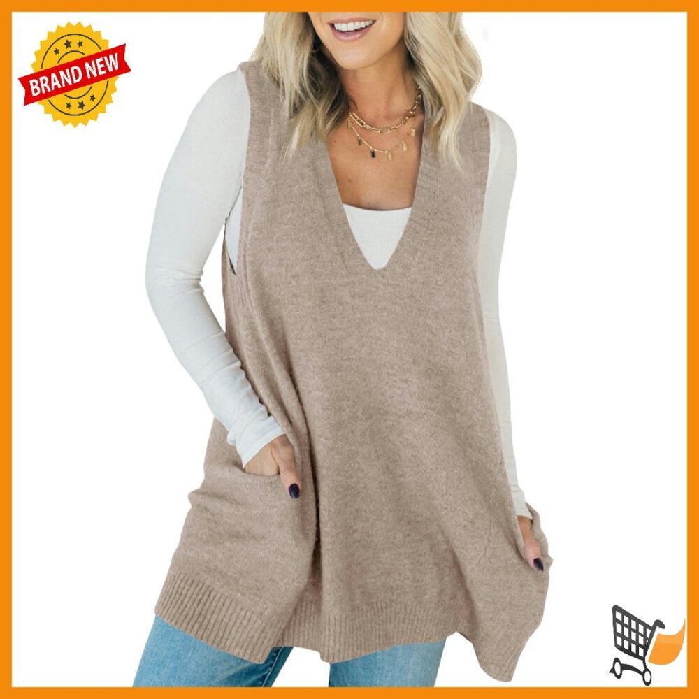 Sleeveless V-Neck Sweater Vest with Pockets, Loose Fit Tunic Top